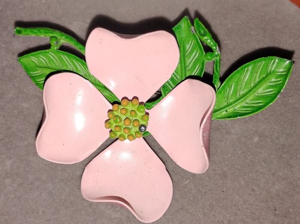Vintage 1960s Pink Dogwood Enamel Flower Brooch Green Leaves 2.5"